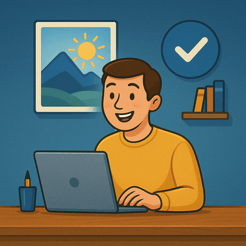A person pleased after confirming the image looks good.